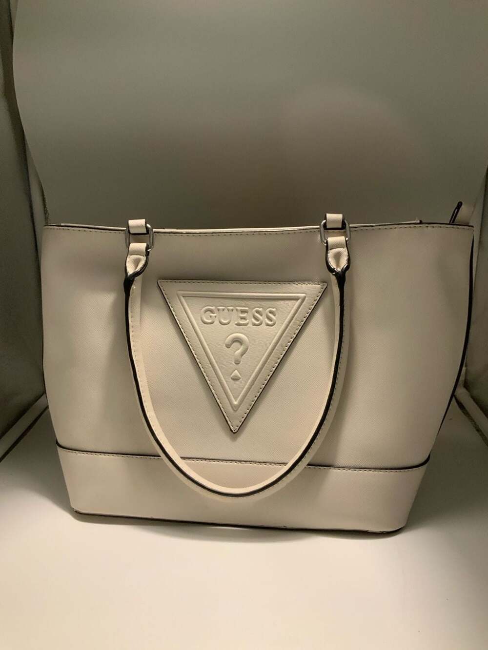 GUESS Noelle Elite Saffiano Leather Tote Handbag in Bone White